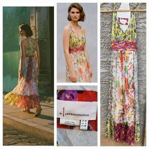 Anthropologie Malibu Floral‎ Maxi Dress Flounced Hem Multicolor